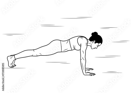Woman holding a High Plank Pose (Phalakasana) for core strength and stability. A foundational yoga and fitness exercise. Minimalist line art vector for a workout.

