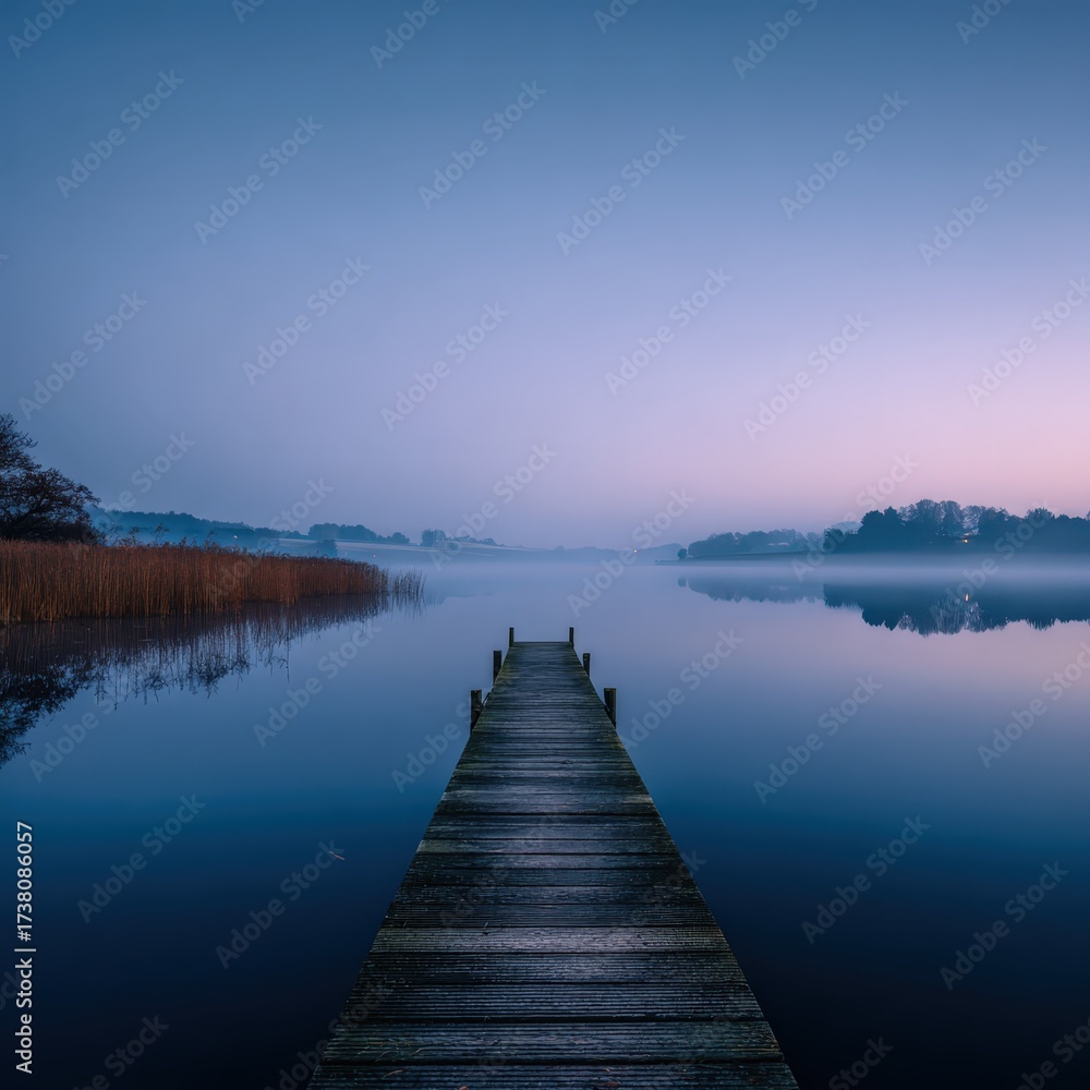 Fototapeta premium November landscape: misty lake at dawn, mirror reflection, lone wooden jetty, subtle ripples, meditative calm, copy space in sky gradient