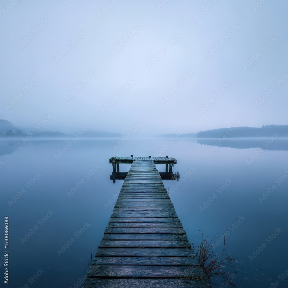 Fototapeta premium November landscape: misty lake at dawn, mirror reflection, lone wooden jetty, subtle ripples, meditative calm, copy space in sky gradient