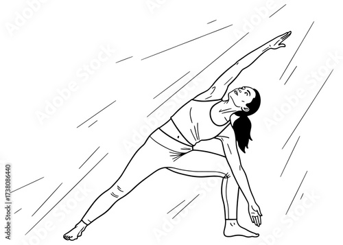 Woman in Extended Side Angle Pose, Utthita Parsvakonasana. A dynamic yoga asana for a deep side body stretch. Line art vector for fitness and strength.

