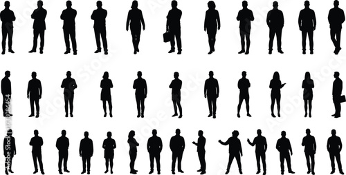 Silhouette vector illustration of multiple people standing in casual and professional poses, diverse figures collection, modern lifestyle and business design elements