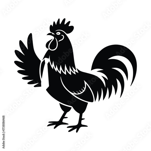 Striking black silhouette of a rooster with raised wing and elaborate tail feathers silhouette