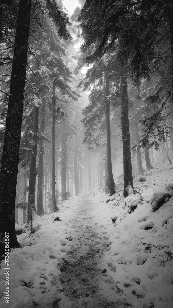Obraz premium snowy forest path, minimal footsteps, fog depth, serene negative space