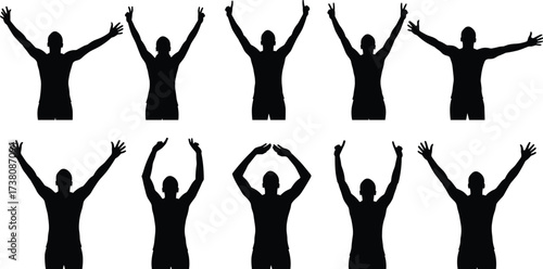 Silhouettes of men with raised arms in different poses, exercising, cheering, celebrating, black vector illustration, isolated human figures, fitness activity design