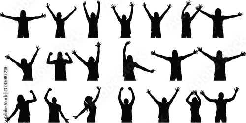 Silhouettes of multiple people with raised arms in different poses, cheering, exercising, celebrating, fitness vector illustration, isolated human figures, active lifestyle design