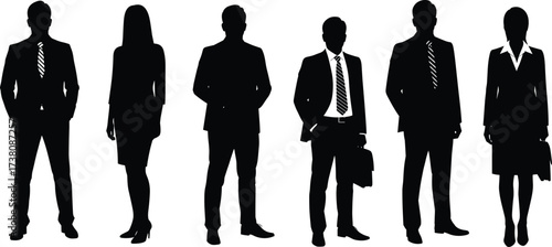 Silhouettes of professional business men and women in formal suits, elegant office workers standing, isolated vector artwork, corporate design illustration, black people figures set