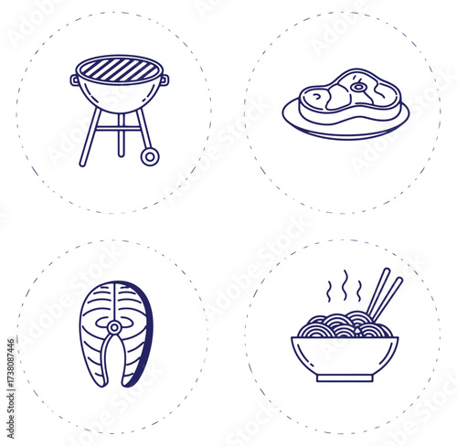 Vector illustration of barbecue grill steak salmon and noodles with chopsticks in a white circle