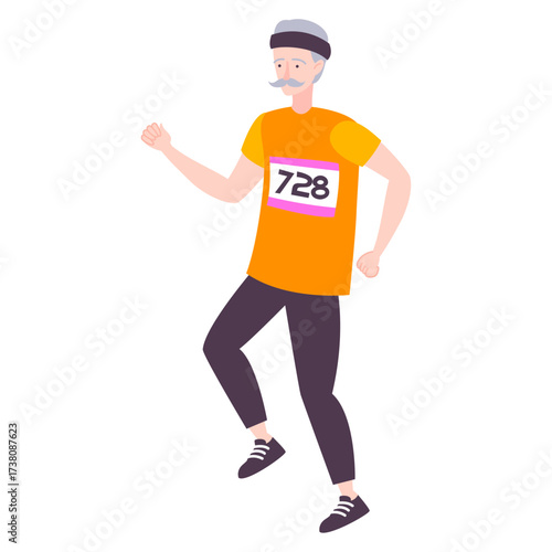 Active senior man with number bib running in a race, illustration of healthy older person keeping fit and energetic