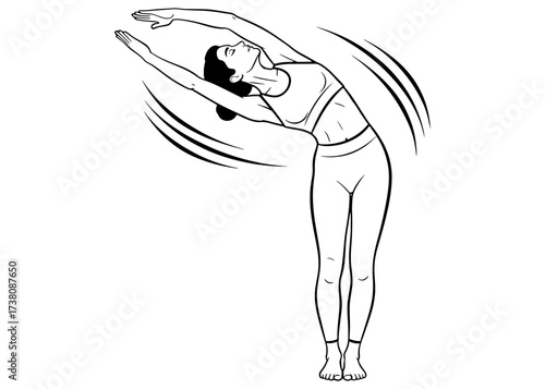 Woman in a Standing Side Bend pose (Indudalasana). A yoga stretch for the side body, obliques, and spine. Minimalist line art vector for a warm-up exercise.

