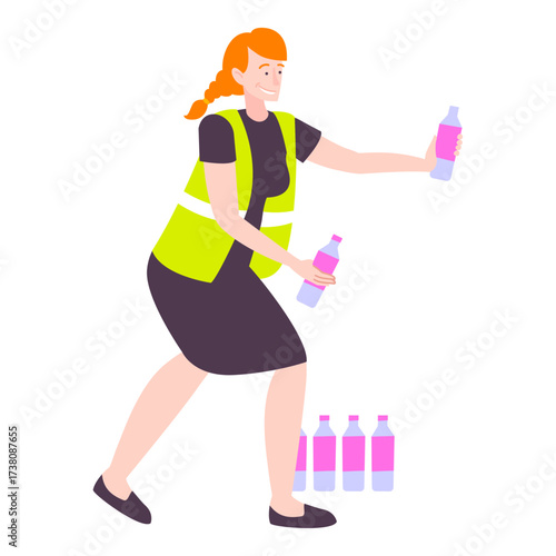 Woman in high visibility vest arranging bottles of liquid on white background, concept of work and organization
