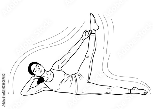 Woman in a side-reclining leg lift pose (Anantasana). A deep yoga stretch for hamstrings and inner thighs. Line art illustration for flexibility and fitness.

