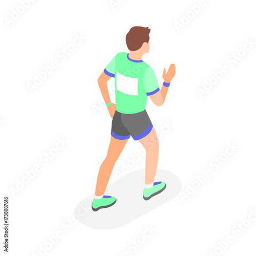 Isometric illustration of a male runner in motion, embodying fitness and an active lifestyle