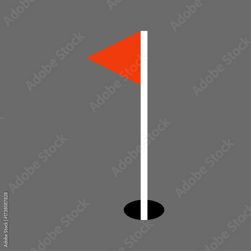 Golf Course Hole With Orange Flag on White Pole Over Dark Gray Background - Simple Design