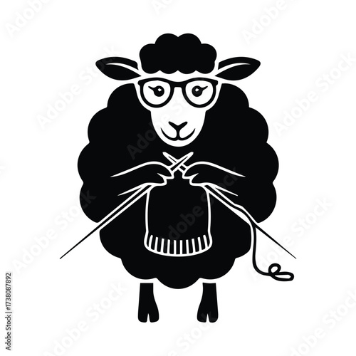 Whimsical black sheep knitting with glasses cute farm animal character icon silhouette