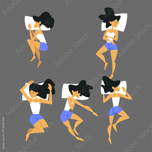 Various sleeping positions of a woman illustrated on a plain gray background, ideal for sleep-related content