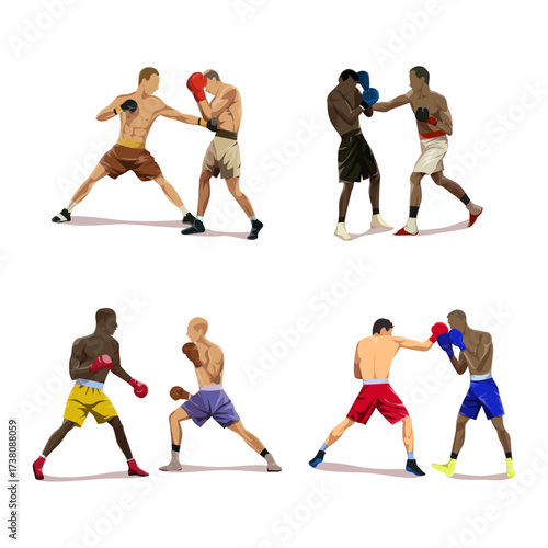 Four pairs of boxers engaged in intense matches on a white background, showcasing athleticism and competition