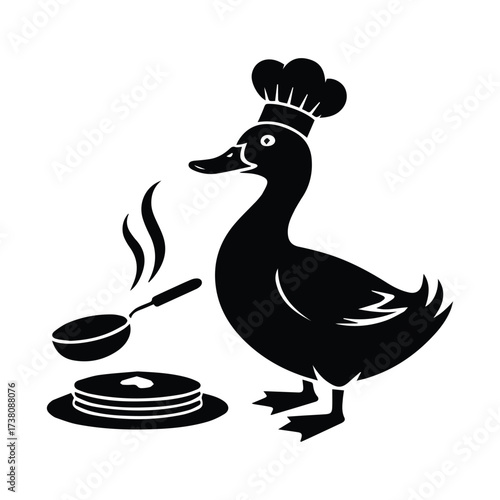 Whimsical chef duck cooking pancakes with steam rising from a hot pan silhouette