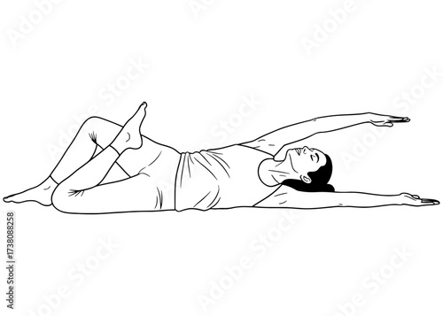 Woman in a Supine Spinal Twist with a quad stretch (Supta Matsyendrasana). A therapeutic yoga pose for back pain relief. Line art vector for relaxation.

