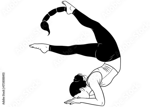 Woman in a stylized Scorpion Pose (Vrischikasana) with her leg as a scorpion tail. A creative yoga art illustration of an advanced backbend and arm balance.


