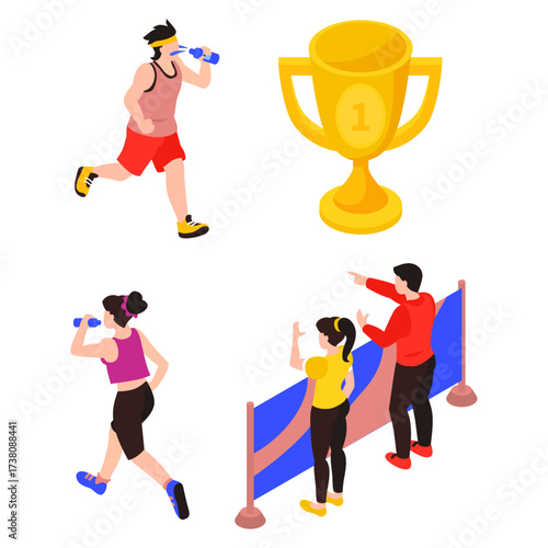 Athletes hydrating and celebrating victory with a trophy and spectators cheering at a sporting event
