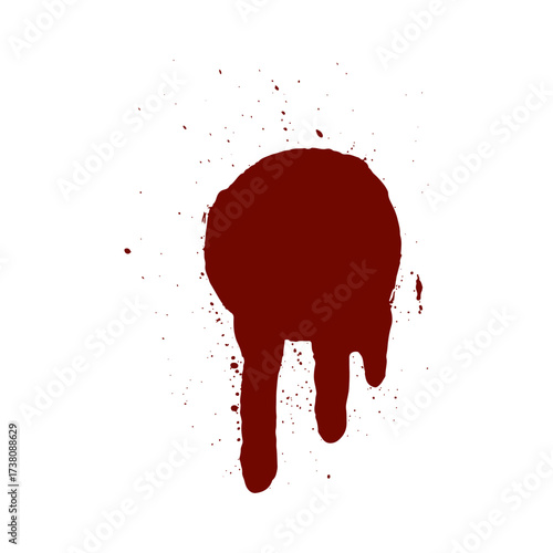 Crimson Blood Stain Dripping Down Isolated on White Background with Splatter Effects