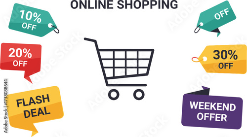 Online shopping deals and discounts with a shopping cart icon.
