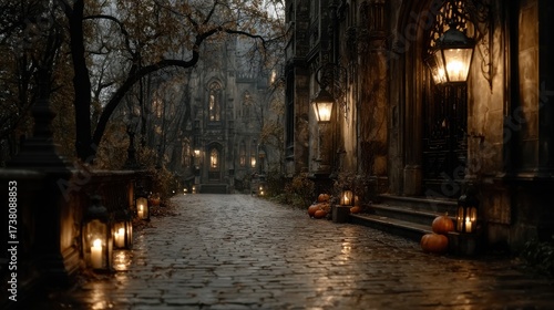 Cobblestone path lined with lanterns and pumpkins in an atmospheric, gothic setting during twilight