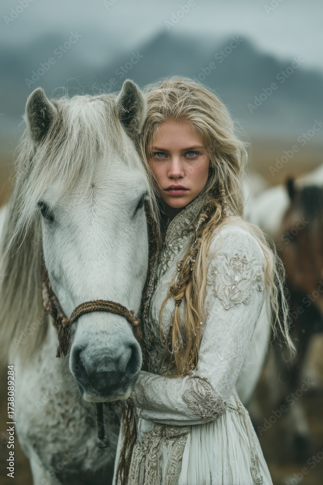 Obraz premium Young woman in white gown stands beside a white horse in a misty landscape during a calm and serene day