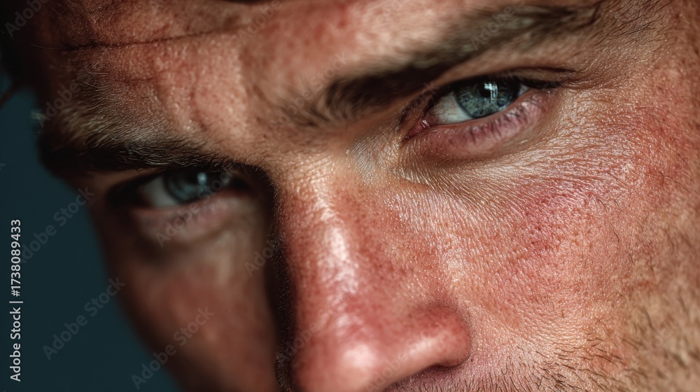 Obraz premium Close-up of a man's striking blue eye with detailed skin texture and facial features captured in soft lighting
