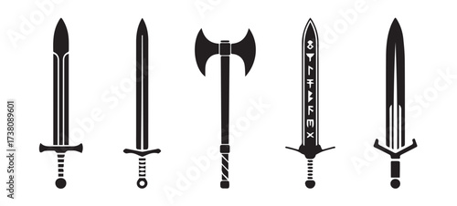 Fantasy Weapon Vector Icons – Black Medieval Swords and Axe Silhouettes for Battle, Hero, and RPG Concepts
