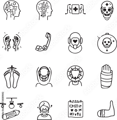 Health and tech icon set — black and white grid of 16 symbols including AI, anatomy, injury, wellness, and medical delivery