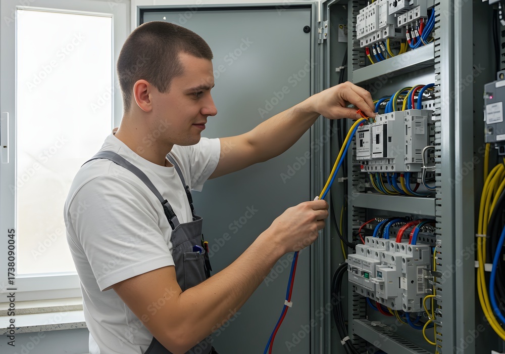 Fototapeta premium Professional electrician carefully working with wires in electrical panel, ensuring safety and reliability in modern building, showcasing technical expertise