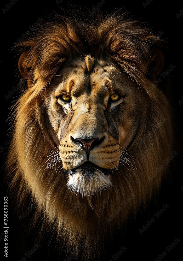 Naklejka premium Majestic lion portrait revealing golden eyes and warm fur tones against a stark black background