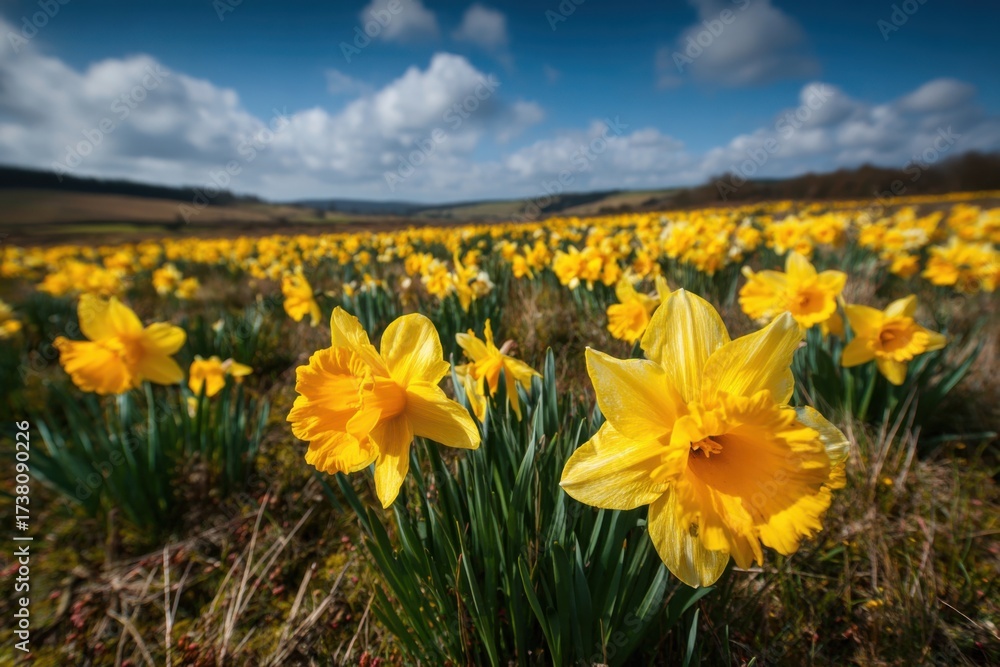 Fototapeta premium Bright daffodils bloom in a vibrant field under a blue sky with fluffy clouds during springtime in a picturesque rural landscape