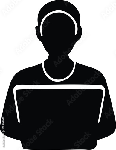 Silhouette of a person wearing headphones and holding a laptop computer with a minimalist modern design and professional appearance