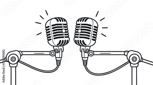 Vintage microphones on stands for a podcast recording setup  