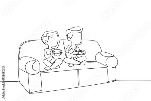 Continuous one line drawing two brothers boys sitting on the sofa and holding game joysticks. Have the same hobby. Playing console games. Day of Brother. Single line draw design vector illustration