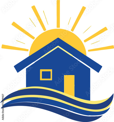 Coastal home illustration — stylized house with rising sun and wave elements in blue and yellow for vacation or real estate themes