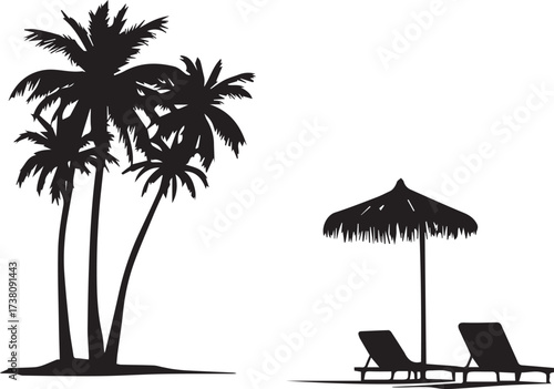 Tropical beach silhouette — black and white illustration with palm trees, lounge chairs, and umbrella for vacation themes