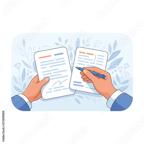 Signing contract agreement documents with pen in hand for business paperwork deal