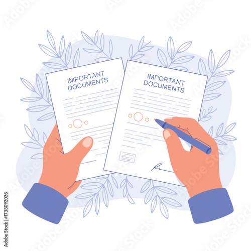 Signing important documents with a pen in hand flat vector illustration