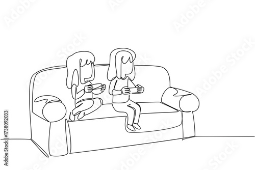 Single continuous line drawing two sisters sitting on the sofa and holding game joystick. Competing in the world of console gaming. Happy holidays. Day of Brother. One line design vector illustration