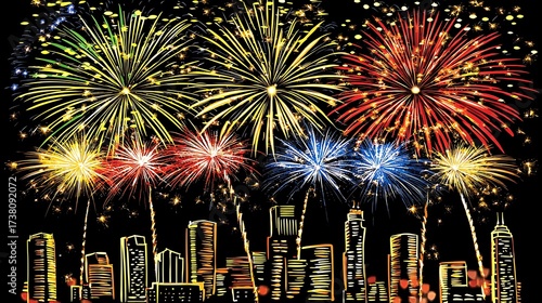 City skyline glowing with fireworks bursting above during night festival