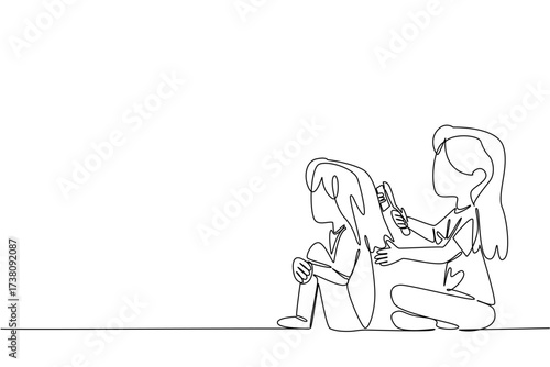 Single continuous line drawing an older sister combing younger sister. Helping to tidy up the hair of the beloved little sister. Routine activities. Day of Brother. One line design vector illustration