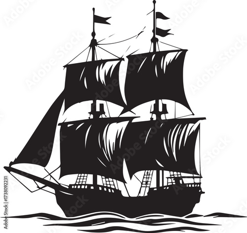Historic sailing ship silhouette — black and white illustration of three-masted vessel with square sails and ocean waves