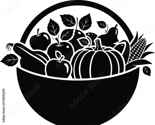 Black silhouette of a round harvest basket overflowing with assorted fruits and vegetables including pumpkin, apples, corn, and pears, symbolizing autumn, harvest, farm food, and thanksgiving.