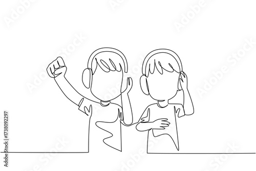 Continuous one line drawing two brothers wearing headphones and each holding his own. Enjoying first electronic gift. Entertainment media. Day of Brother. Single line draw design vector illustration