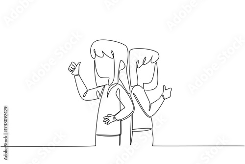 Single one line drawing two sisters turn their backs to each other and make a thumbs up gesture. Pose like a famous model. Support. Fun. Day of Brother. Continuous line design graphic illustration