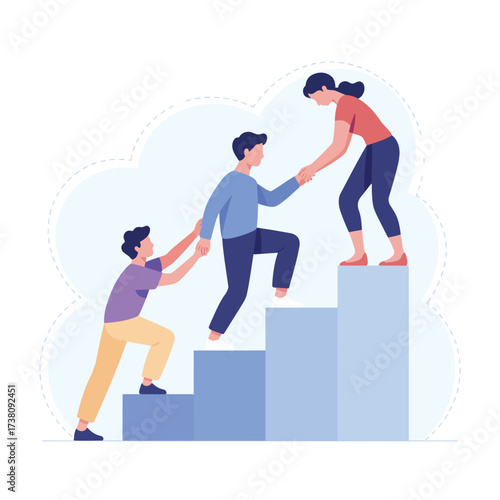 Teamwork and support concept people helping each other climb stairs of success and development