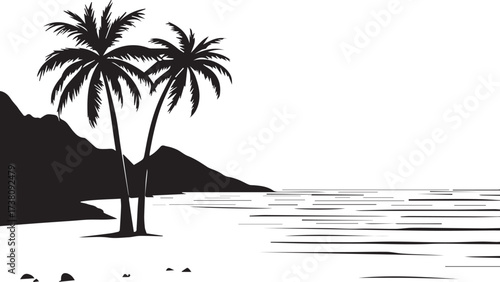 Tropical beach silhouette — black and white coastal illustration with palm trees, mountain backdrop, and calm ocean waves